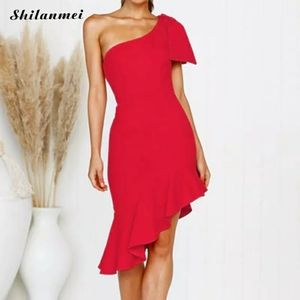 Red one shoulder midi dress L